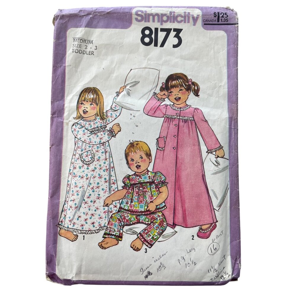 70s Simplicity 8173 Pattern Size Medium 2-3 Toddler Pajamas Nightgown Robe CUT